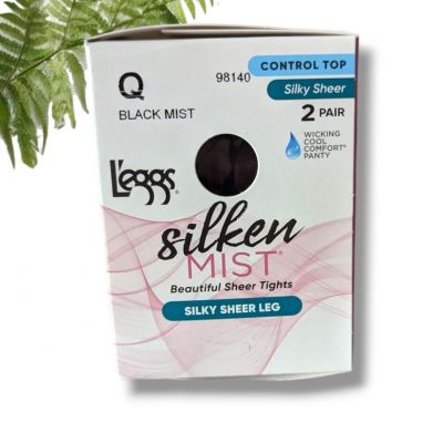 Leggs Silken Mist Control Top Silky Sheer Tights Pantyhose 2 Pair Black Mist Q